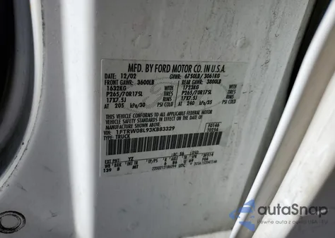 2003 Ford F150 Supercrew z USA, uszkodzony, nr VIN 1FTRW08L93KB83329